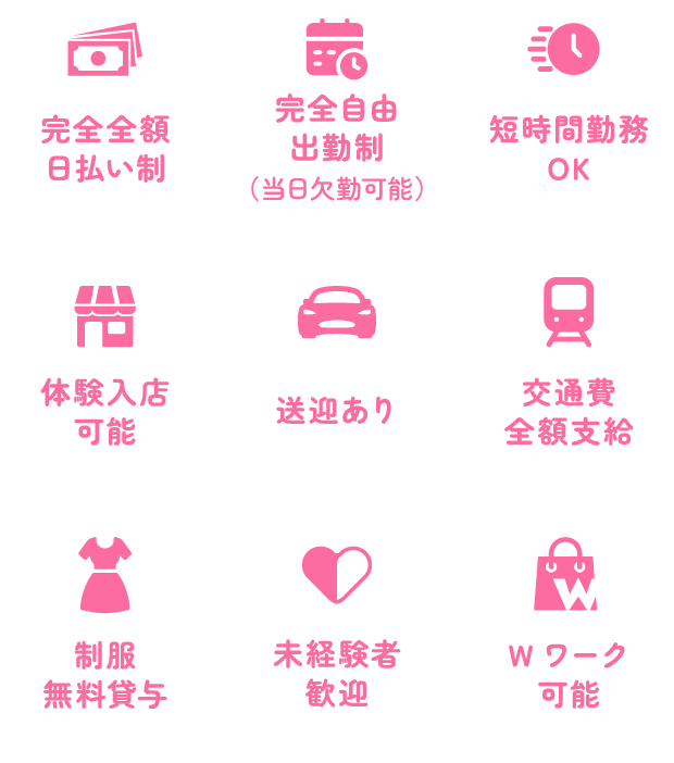 完全全額日払い制、完全自由出勤制、短時間勤務OK、体験入店可能、送迎あり、交通費全額支給、制服無料貸与、未経験者歓迎、Wワーク可能