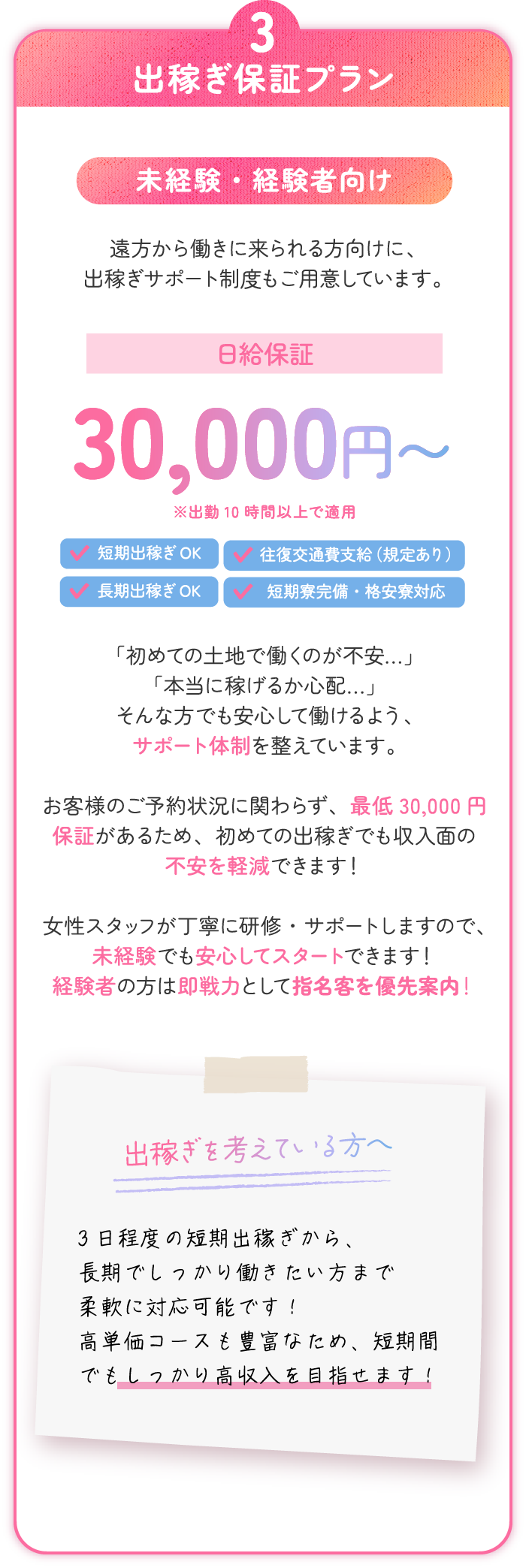 出稼ぎ保証プラン。遠方から働きにこられる方向けに出稼ぎサポート制度もご用意しています。
