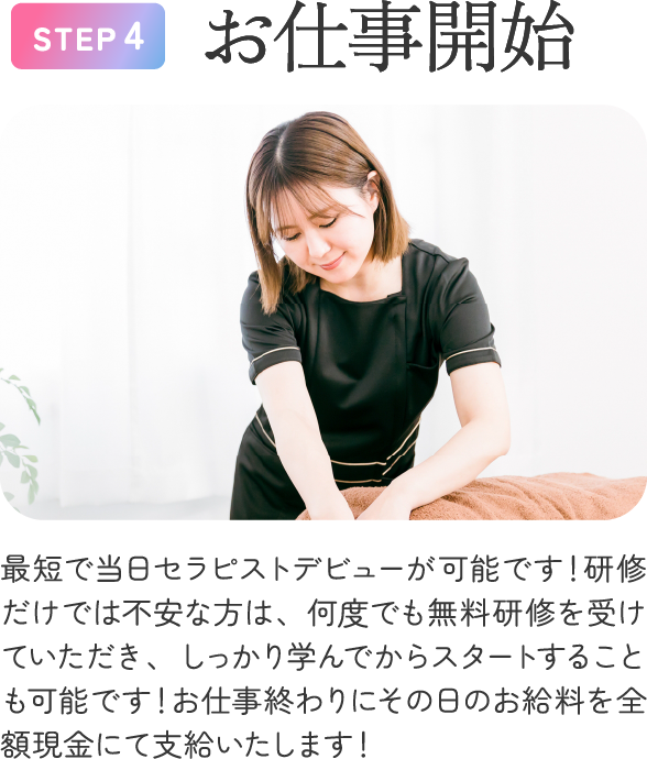 STEP4 お仕事開始。最短で当日デビューも可能で、働いた分のお給料は全額現金で受け取れます。